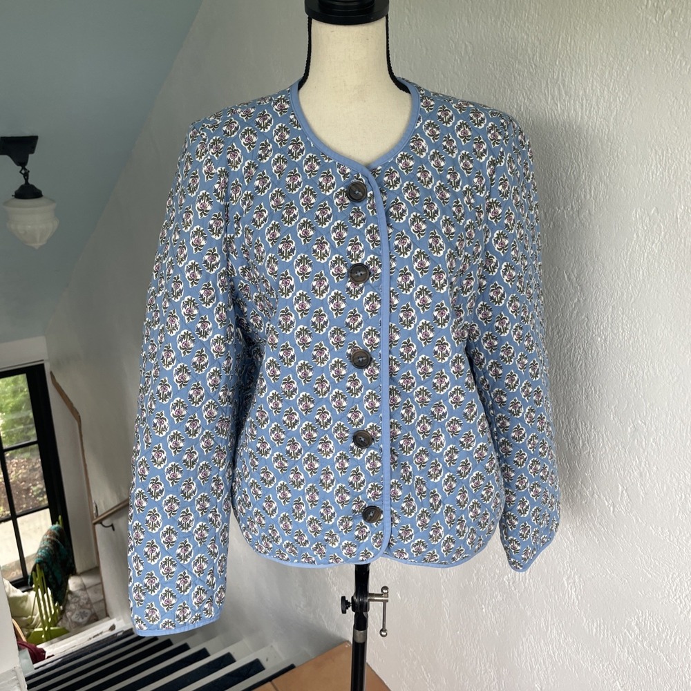 J. Crew Blue Floral Block-Print Quilted Jacket Button Down W Pockets Size 16